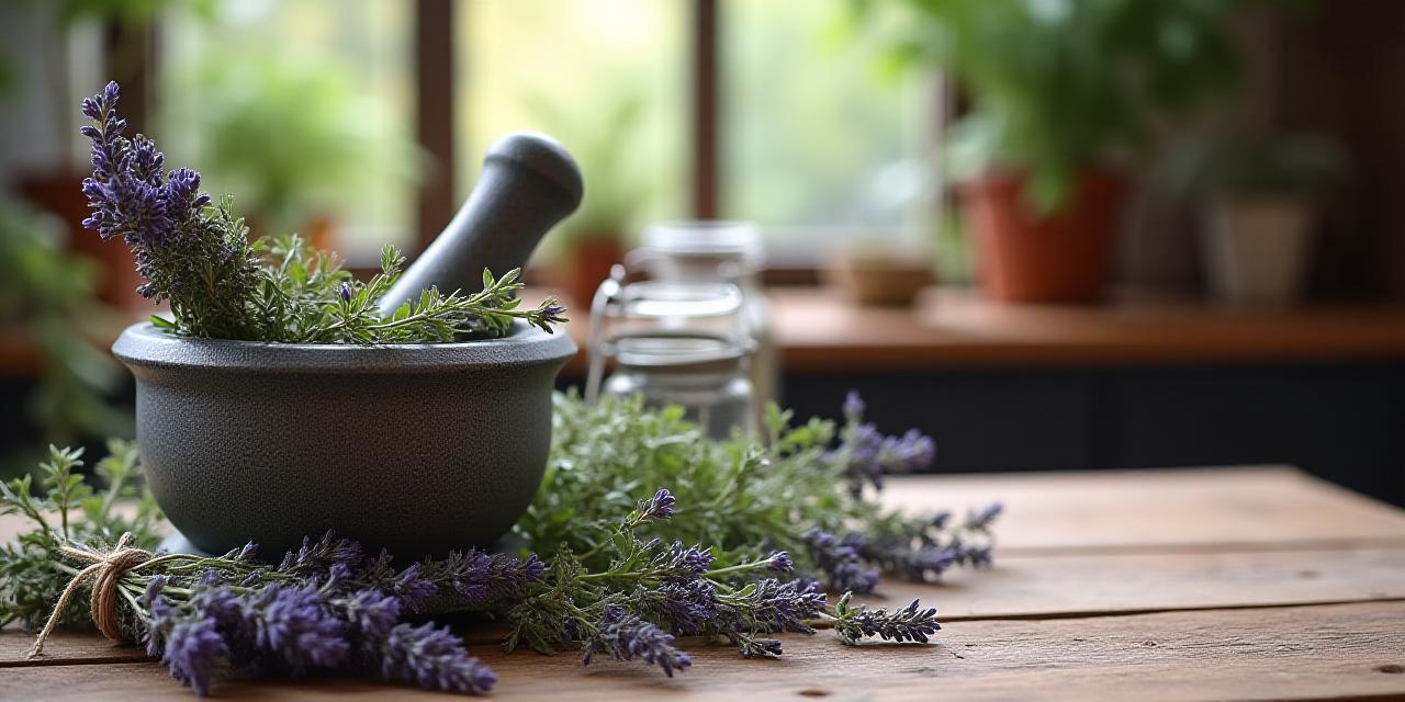 Dried lavender and mortar on a rustic table